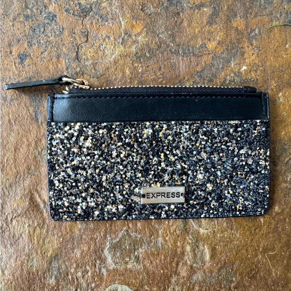 Express Glitter Black and Gold Wallet with Zipper ID Slot 5 x 3 inches